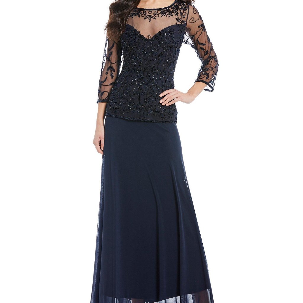 Pisarro Nights Sheer Beaded Bodice 3/4 Sleeve Gown